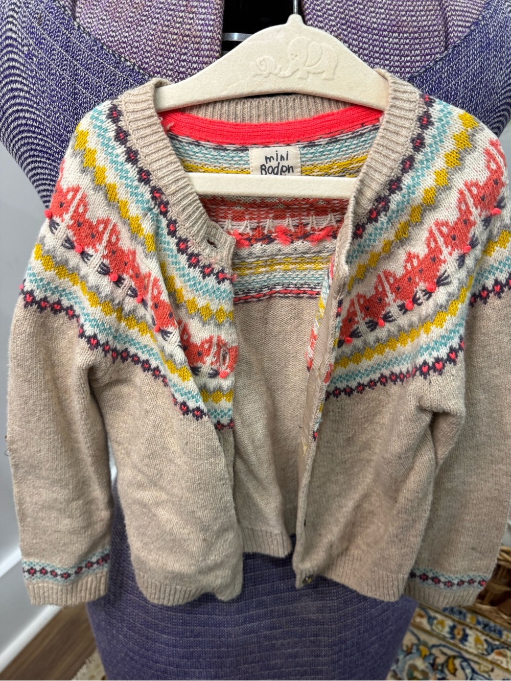 Boden Beige Fair Isle Cardigan with Coral & Yellow Accents